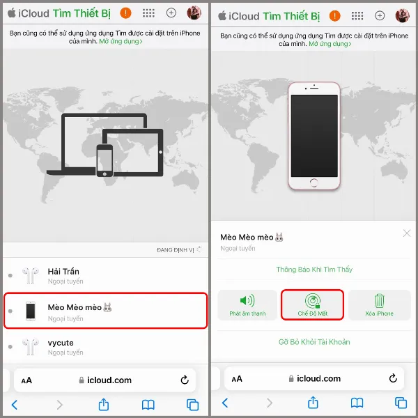 Ảnh chụp màn hình giao diện Find My trên iCloud, hiển thị bản đồ vị trí và các tùy chọn quản lý thiết bị, bao gồm Phát âm thanh, Chế độ mất và Xóa iPhone.