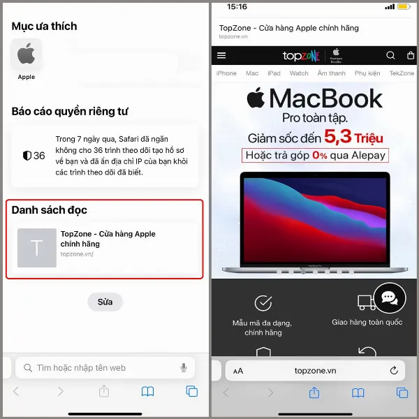 Ảnh chụp màn hình giao diện Safari, hiển thị danh sách đọc các trang web đã lưu