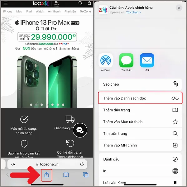 Ảnh chụp màn hình giao diện Safari, hướng dẫn thêm trang web vào danh sách đọc bằng nút Chia sẻ