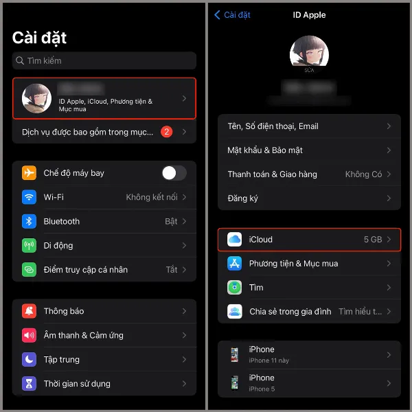 Cách tắt thông báo sao lưu iCloud trên iPhone siêu đơn giản, giúp tiết kiệm dung lượng iCloud cho điện thoại bạn 3 Ảnh chụp màn hình hướng dẫn truy cập cài đặt iCloud trên iPhone.