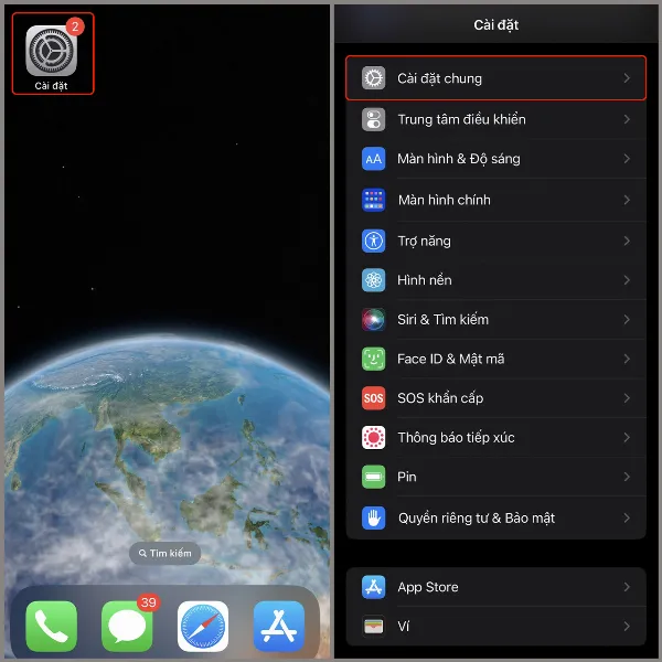 Ảnh chụp màn hình iPhone hiển thị phần Cài đặt chung trong ứng dụng Cài đặt
