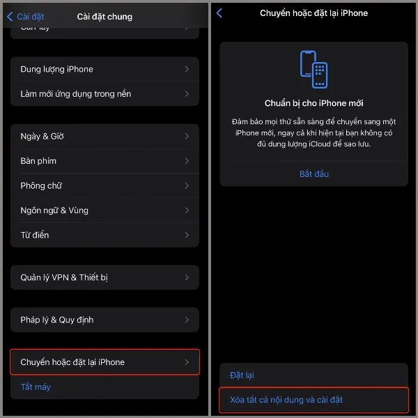Ảnh chụp màn hình iPhone hiển thị tùy chọn Xóa tất cả nội dung và cài đặt trong phần Chuyển hoặc đặt lại iPhone