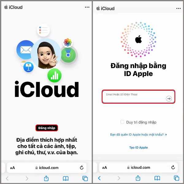 Ảnh chụp màn hình trang web iCloud, hiển thị giao diện đăng nhập với các trường thông tin cần điền là địa chỉ email và mật khẩu.