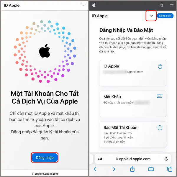 Ảnh chụp màn hình trang web My Apple ID, hiển thị giao diện đăng nhập với các trường thông tin cần điền là địa chỉ email và mật khẩu.