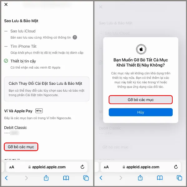 Ảnh chụp màn hình trang web My Apple ID, hiển thị tùy chọn "Gỡ bỏ các mục" trong phần "Ví và Apple Pay" của thiết bị iPhone đang được chọn.