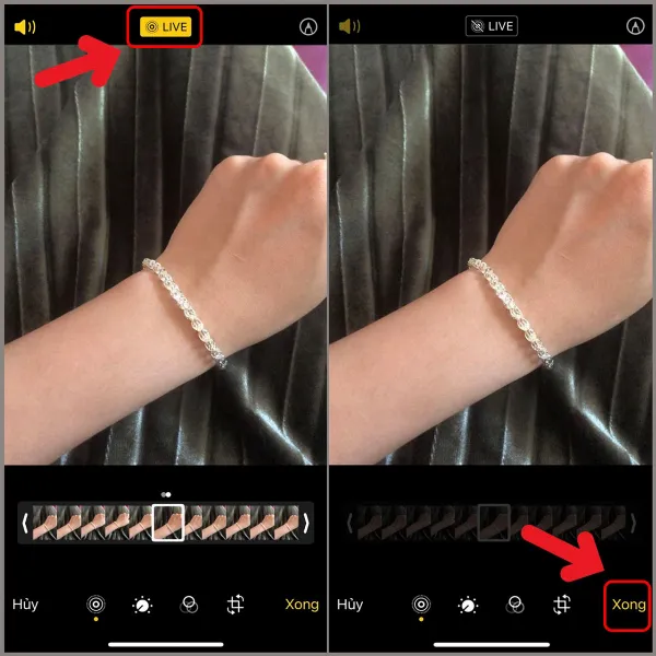 Ảnh chụp màn hình ứng dụng Ảnh trên iPhone, hiển thị nút Live trên đầu màn hình dùng để tắt tính năng Live và chuyển ảnh thành ảnh tĩnh.