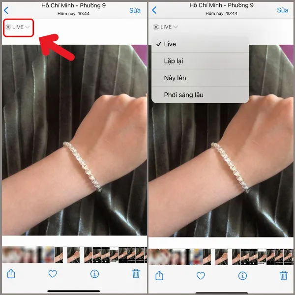 Ảnh chụp màn hình ứng dụng Ảnh trên iPhone, mô tả cách chọn biểu tượng Live và chọn các hiệu ứng Lặp lại, Nảy lên, Phơi sáng lâu cho Live Photo.