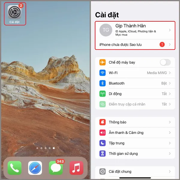 Ảnh chụp màn hình ứng dụng Cài đặt trên iPhone, bước đầu tiên là chọn vào tên tài khoản Apple ID