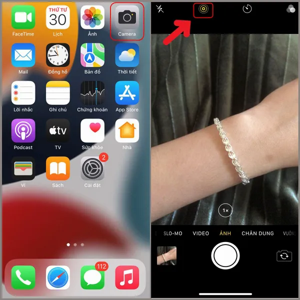 Ảnh chụp màn hình ứng dụng Camera trên iPhone, hiển thị nút Live Photos ở góc trên cùng và đã được bật (màu vàng).
