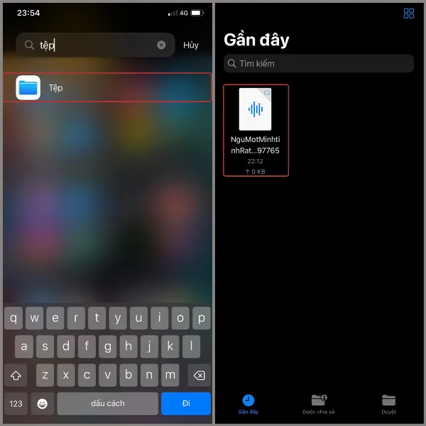 Nhạc tải về iPhone ở đâu? Cách tìm nhạc tải về trên iPhone đơn giản và nhanh chóng mà bạn nên biết 5 Ảnh chụp màn hình ứng dụng Tệp trên iPhone, hiển thị danh sách các file nhạc mới tải về trong mục Gần đây