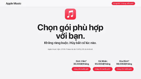 Bảng giá các gói cước Apple Music tại Việt Nam