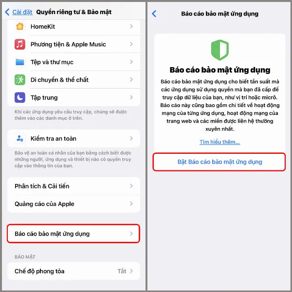 Bật Báo cáo bảo mật ứng dụng