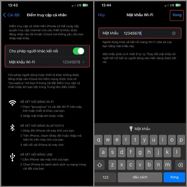 Bật cho phép người khác kết nối và thiết lập mật khẩu WiFi