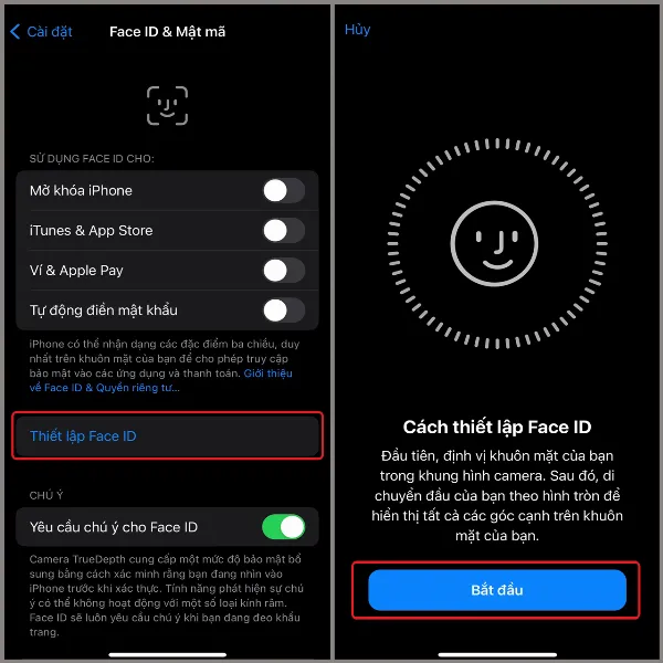 Bắt đầu thiết lập Face ID mới
