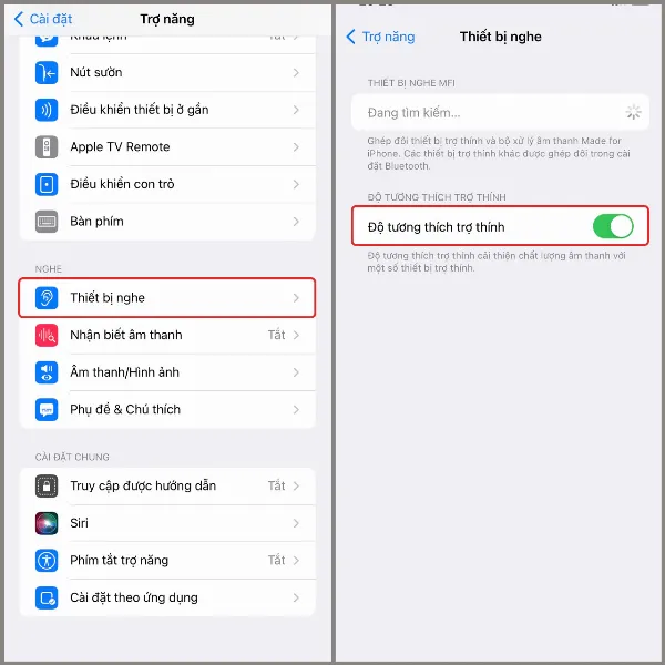 Bật Độ tương thích trợ thính trong phần Thiết bị nghe