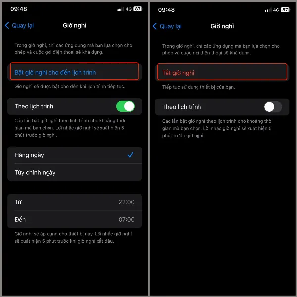 Bật tắt giờ nghỉ thủ công trên iPhone