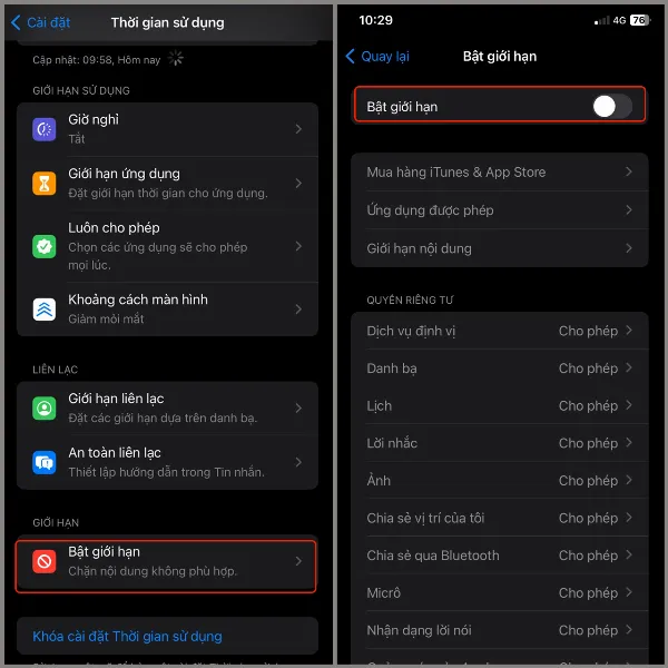 Bật tính năng giới hạn nội dung và quyền riêng tư trên iPhone