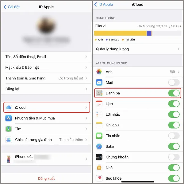 Bật tùy chọn Danh bạ trong cài đặt iCloud