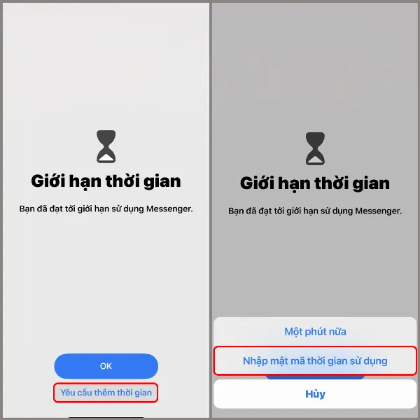 Biểu tượng Messenger bị mờ đi trên màn hình chính iPhone, mũi tên chỉ đến tùy chọn Yêu cầu thêm thời gian và tùy chọn Nhập mật mã thời gian sử dụng