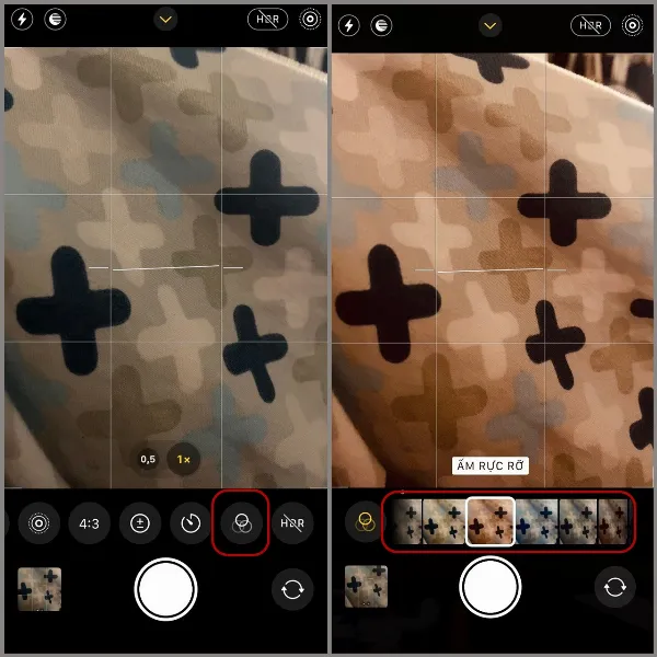 Các bộ lọc màu hiển thị trên màn hình iPhone, người dùng có thể vuốt qua lại để chọn