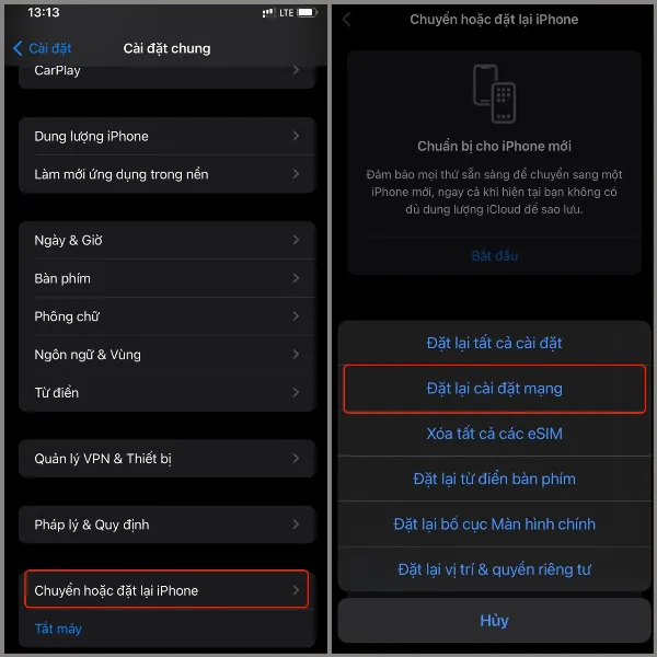 Các bước cài đặt lại toàn bộ cài đặt mạng trên iPhone