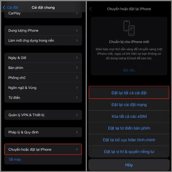Các bước để đặt lại tất cả cài đặt trên iPhone