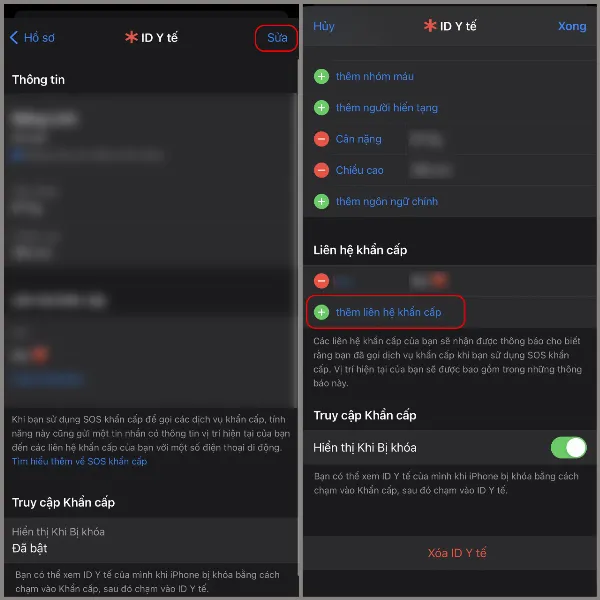 Các bước thêm liên hệ khẩn cấp vào ID y tế