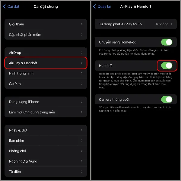 Cài đặt AirPlay & Handoff trên iPhone, với tùy chọn "Handoff" đã bật