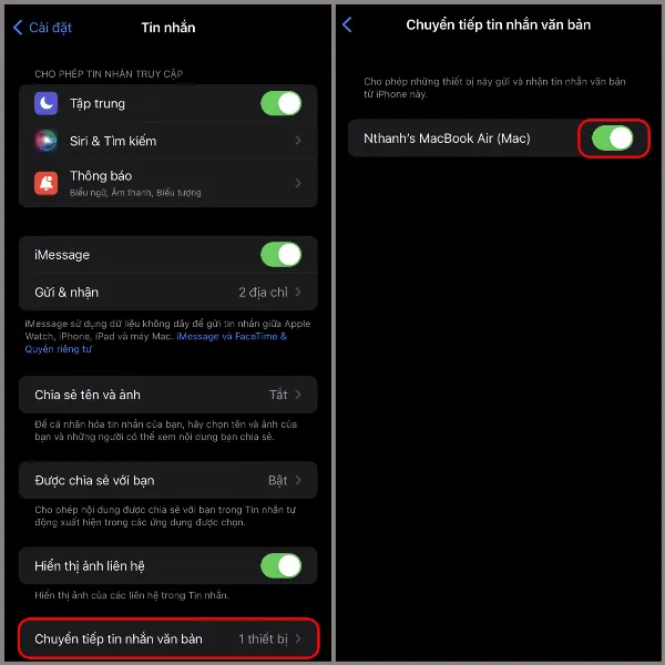 Cài đặt "Chuyển tiếp tin nhắn văn bản" trên iPhone, với tùy chọn cho phép chuyển tiếp đến MacBook