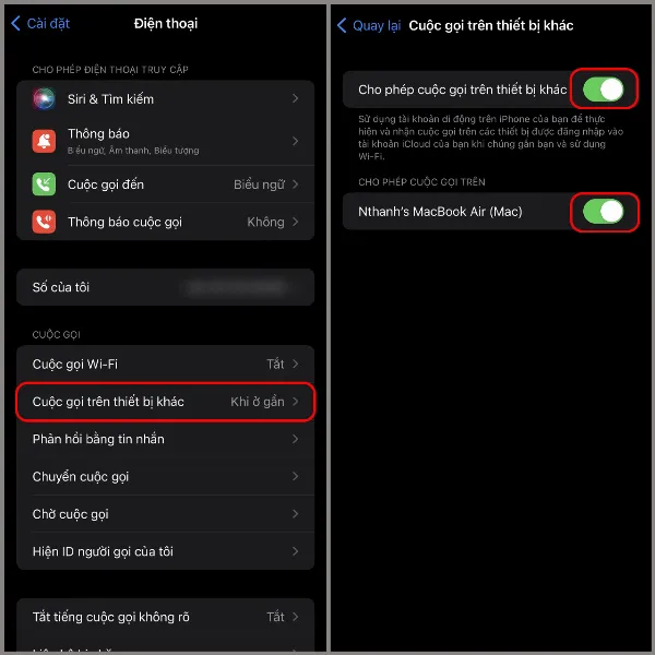 Cài đặt "Cuộc gọi trên thiết bị khác" trên iPhone, với tùy chọn cho phép cuộc gọi trên MacBook