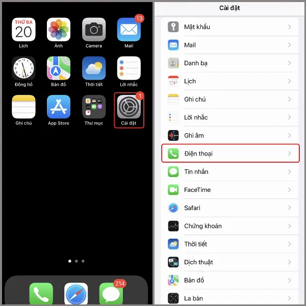 Cài đặt điện thoại trên iPhone