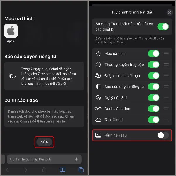 Cài đặt hình nền cho Safari trong phần tùy chỉnh trang bắt đầu