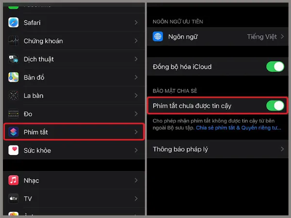 Cài đặt Phím tắt chưa được tin cậy