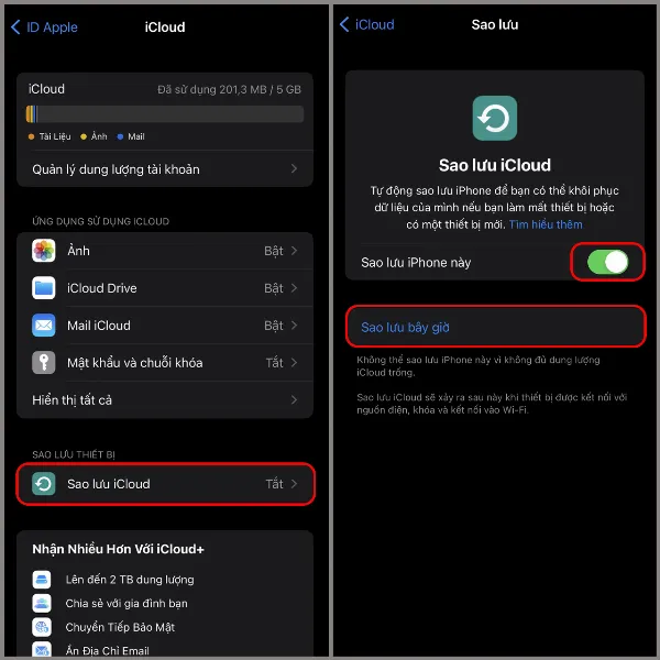 Cài đặt Sao lưu iCloud trên iPhone, với tùy chọn "Sao lưu iPhone này" đã được bật