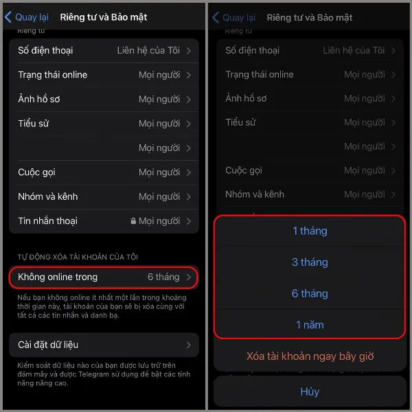 Cài đặt thời gian tự động xóa tài khoản Telegram