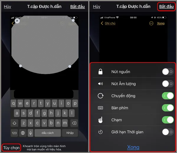 Chạm Bắt đầu và khoanh vùng khu vực muốn khóa trên màn hình ứng dụng.
