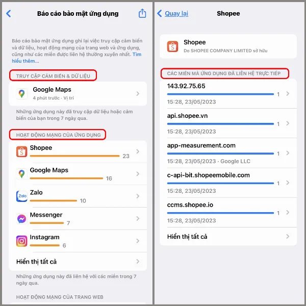 Chi tiết hoạt động truy cập dữ liệu của ứng dụng