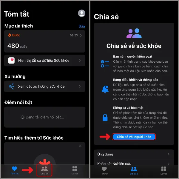 Chia sẻ dữ liệu sức khỏe trên iPhone qua ứng dụng sức khỏe