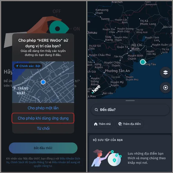 Cho phép truy cập vị trí và xem vị trí hiện tại trên HERE WeGo