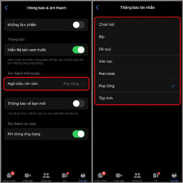 Chọn âm báo tin nhắn Messenger từ danh sách nhạc chuông