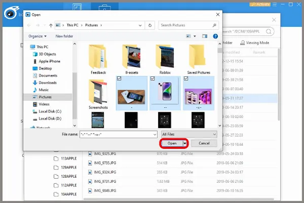 Chọn ảnh từ máy tính và nhấn Open để chuyển vào iPhone