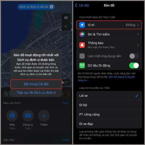 Chọn Bật trong Cài đặt và chọn mục Vị trí