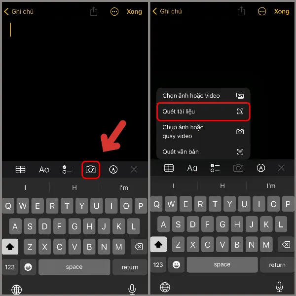 Chọn biểu tượng Camera và nhấn Quét tài liệu trong ứng dụng Ghi Chú