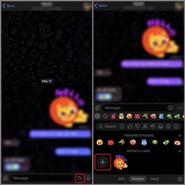 Cách tạo Sticker trên Telegram, tăng thêm sự sinh động và vui vẻ cho những cuộc trò chuyện 2 Chọn biểu tượng Stickers và dấu cộng để bắt đầu tạo sticker Telegram.