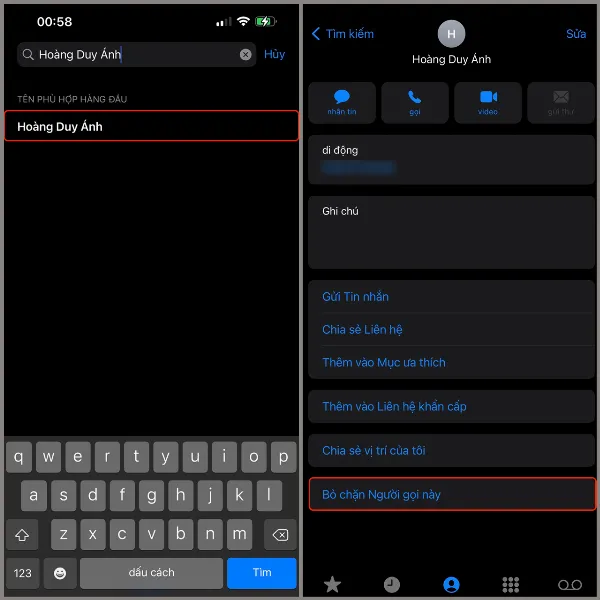 Chọn Bỏ chặn Người gọi này trong chi tiết liên hệ