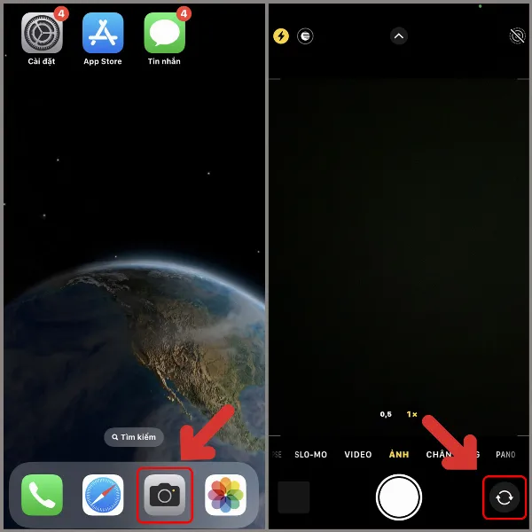 Chọn camera trước trong giao diện ứng dụng camera iPhone