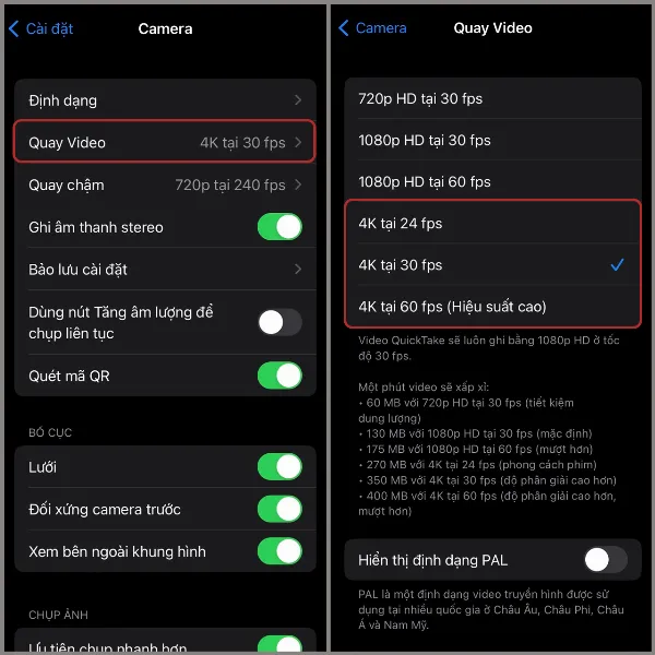 9 cách quay video đẹp trên iPhone, giúp bạn có ngay những thước phim với chất lượng xuất sắc 2 Chọn chất lượng quay video 4K