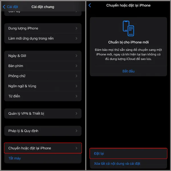 Chọn Chuyển hoặc đặt lại iPhone, tiếp theo chọn Đặt lại