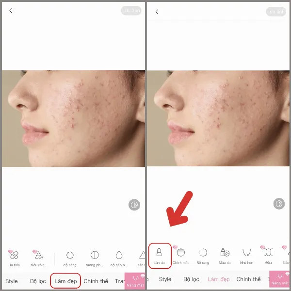 Chọn công cụ Làm đẹp và sau đó chọn mục Làn da trong ứng dụng Ulike
