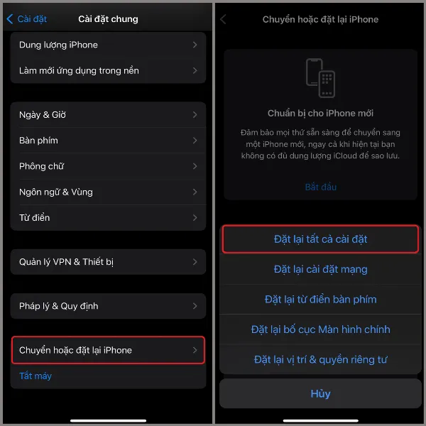 Chọn đặt lại tất cả cài đặt trên iPhone